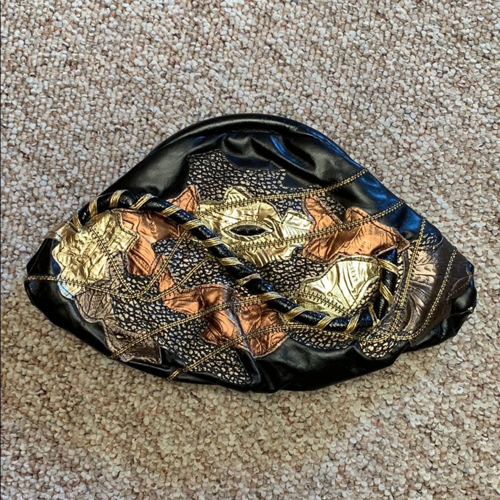 Vintage leather clutch black w/gold, bronze&silver
